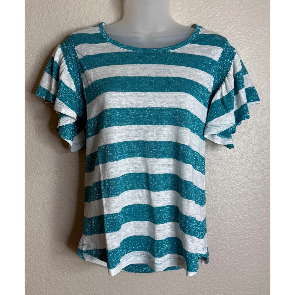 Chicos 0 US S Lurex Stripe Smocked Tee Seaspray Teal Linen Blend Flutter Top NEW
